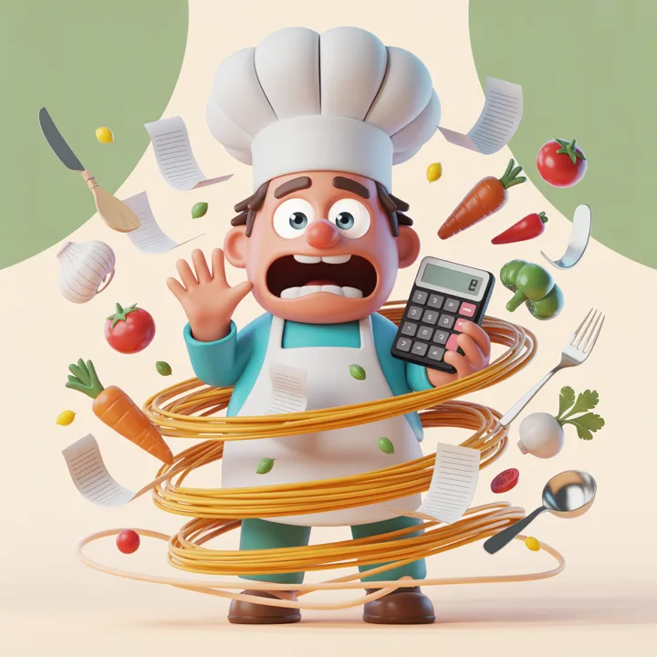 Chef estresado rodeado de facturas y una calculadora